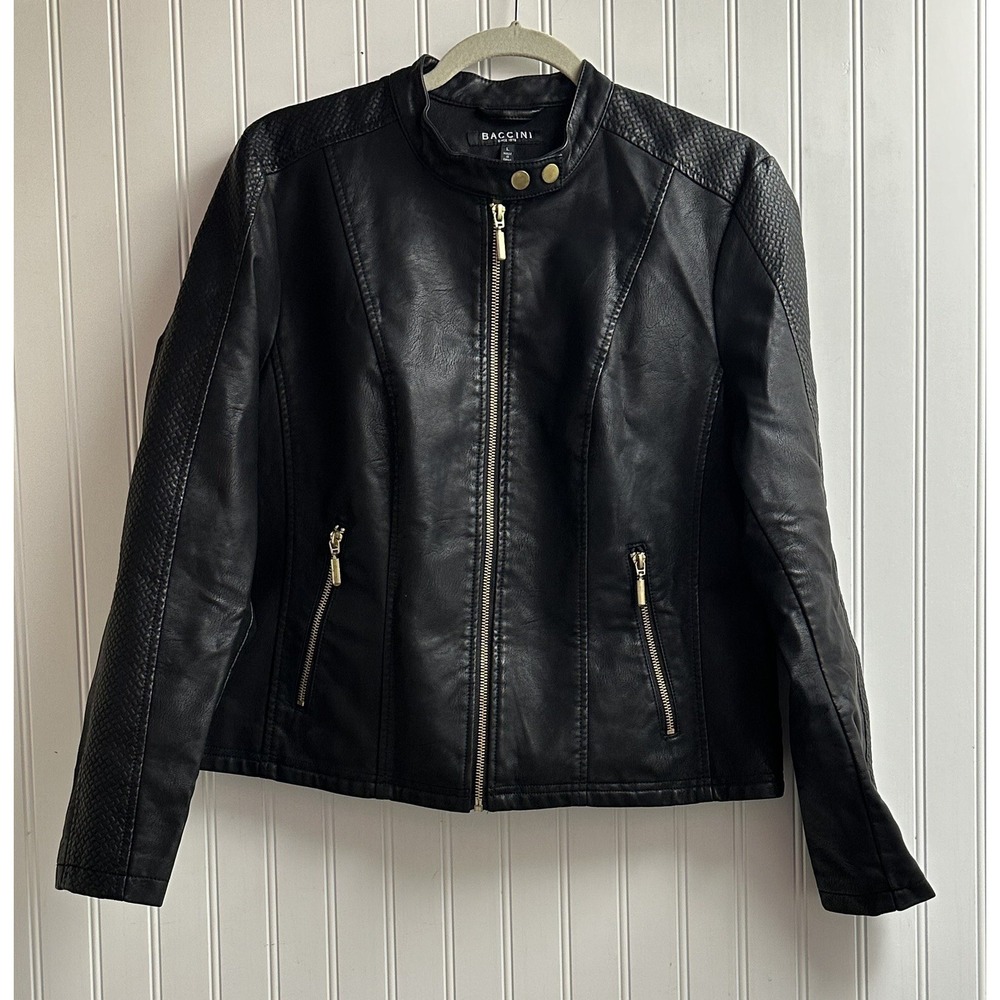 Baccini Black Leather Moto Jacket with Gold Zippers